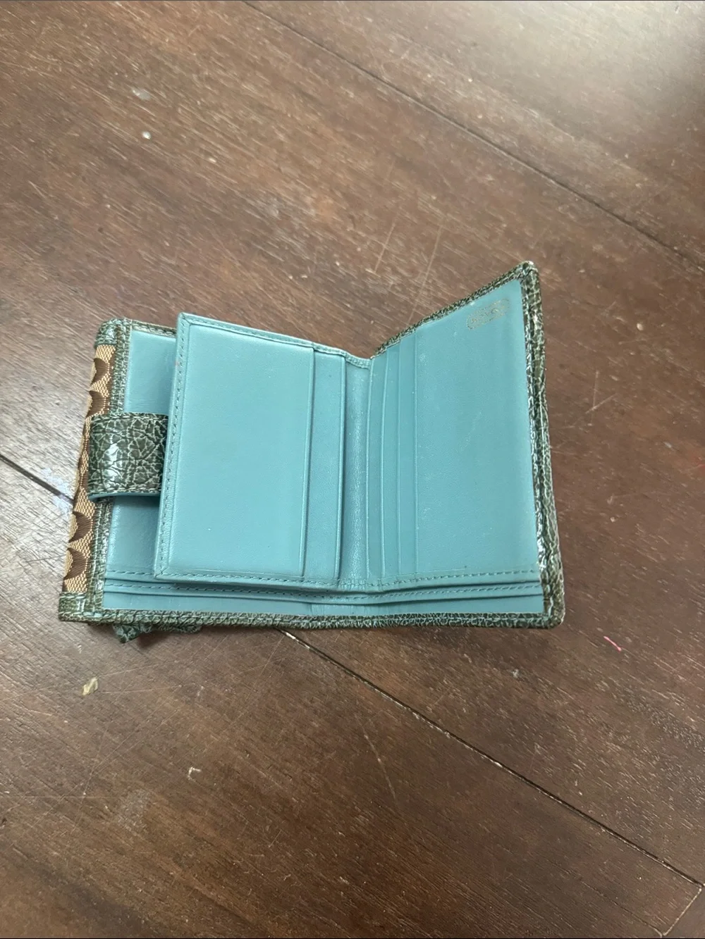 Coach Brown Signature Canvas Trifold Wallet with teal Leather Trim